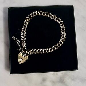 Solid Gold 9kt Vintage Heart Padlock Double Curb Chain Bracelet